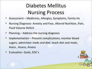 Diabetes Mellitus Nursing Process Assessment – Medicines, Allergies, Symptoms, Family Hx Nursing Diagnosis- Anxiety and Fear, Altered Nutrition, Pain, Fluid Volume Deficit Planning – Address the nursing diagnosis Implementation – Prevent complications, monitor blood sugars, administer meds and diet, teach diet and meds, Asess , Assess, Assess Evaluation- Goals, EOC’s 