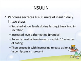 INSULIN Pancreas secretes 40-50 units of insulin daily in two steps: Secreted at low levels during fasting ( basal insulin secretion Increased levels after eating (prandial) An early burst of insulin occurs within 10 minutes of eating Then proceeds with increasing release as long as hyperglycemia is present 