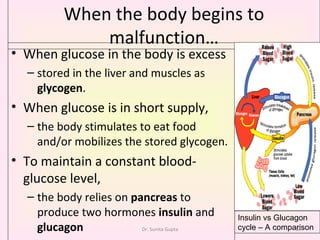 When the body begins to malfunction… When glucose in the body is excess  stored in the liver and muscles as  glycogen .  When glucose is in short supply,  the body stimulates to eat food and/or mobilizes the stored glycogen.  To maintain a constant blood-glucose level, the body relies on  pancreas  to produce two hormones  insulin  and  glucagon Insulin vs Glucagon cycle – A comparison Dr. Sunita Gupta 
