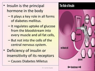 Insulin is the principal hormone in the body  It plays a key role in all forms of diabetes mellitus. It regulates uptake of glucose from the bloodstream into every muscle and all fat cells,  But not into the cells of the central nervous system.  Deficiency of insulin or insensitivity of its receptors  Causes Diabetes Miletus Dr. Sunita Gupta 