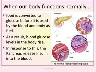 When our body functions normally … The normal food processing cycle food is converted to glucose before it is used by the blood and body as fuel.  As a result, blood glucose levels in the body rise.  In response to this, the Pancreas release Insulin into the blood.  Dr. Sunita Gupta 