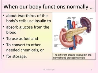When our body functions normally … The different organs involved in the normal food processing cycle about two-thirds of the body's cells use Insulin to  absorb glucose from the blood To use as fuel and  To convert to other needed chemicals, or  for storage.  Dr. Sunita Gupta 