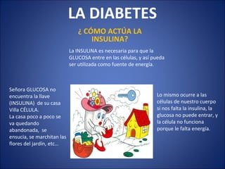 LA DIABETES ¿ CÓMO ACTÚA LA INSULINA? La INSULINA es necesaria para que la GLUCOSA entre en las células, y así pueda ser utilizada como fuente de energía. Lo mismo ocurre a las células de nuestro cuerpo si nos falta la insulina, la glucosa no puede entrar, y la célula no funciona porque le falta energía. Señora GLUCOSA no encuentra la llave (INSULINA)  de su casa Villa CÉLULA. La casa poco a poco se va quedando abandonada,  se ensucia, se marchitan las flores del jardín, etc… 