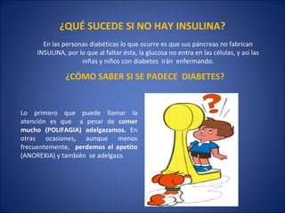 ¿QUÉ SUCEDE SI NO HAY INSULINA? En las personas diabéticas lo que ocurre es que sus páncreas no fabrican INSULINA, por lo que al faltar ésta, la glucosa no entra en las células, y así las niñas y niños con diabetes  irán  enfermando. ¿CÓMO SABER SI SE PADECE  DIABETES? Lo primero que puede llamar la atención es que  a pesar de  comer mucho (POLIFAGIA) adelgazamos.  En otras ocasiones ,  aunque menos frecuentemente,  perdemos el apetito  (ANOREXIA) y también  se adelgaza. 