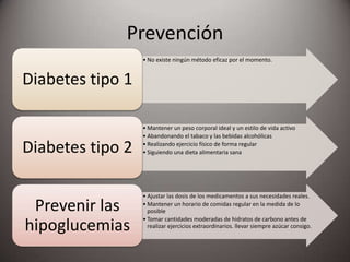 Prevención
• No existe ningún método eficaz por el momento.
Diabetes tipo 1
• Mantener un peso corporal ideal y un estilo de vida activo
• Abandonando el tabaco y las bebidas alcohólicas
• Realizando ejercicio físico de forma regular
• Siguiendo una dieta alimentaria sanaDiabetes tipo 2
• Ajustar las dosis de los medicamentos a sus necesidades reales.
• Mantener un horario de comidas regular en la medida de lo
posible
• Tomar cantidades moderadas de hidratos de carbono antes de
realizar ejercicios extraordinarios. llevar siempre azúcar consigo.
Prevenir las
hipoglucemias
 
