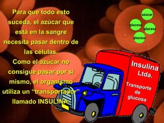Copyright © RHVIDA S/C Ltda. www.rhvida.com.br
.
glucosa
glucosa
glucosa
azucar
glicose
Insulina
Insulina
Ltda.Ltda.
Transporte
Transporte
dede
glucosa
glucosa
Para que todo estoPara que todo esto
suceda, el azúcar quesuceda, el azúcar que
está en la sangreestá en la sangre
necesita pasar dentro denecesita pasar dentro de
las células.las células.
Como el azúcar noComo el azúcar no
consigue pasar por siconsigue pasar por si
mismo, el organismomismo, el organismo
utiliza un “transportador”utiliza un “transportador”
llamado INSULINA.llamado INSULINA.
 
