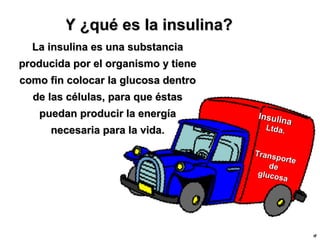 Copyright © RHVIDA S/C Ltda. www.rhvida.com.br
La insulina es una substanciaLa insulina es una substancia
producida por el organismo y tieneproducida por el organismo y tiene
como fin colocar la glucosa dentrocomo fin colocar la glucosa dentro
de las células, para que éstasde las células, para que éstas
puedan producir la energíapuedan producir la energía
necesaria para la vida.necesaria para la vida.
Copyright © RHVIDA S/C Ltda. www.rhvida.com.br
Insulina
Insulina
Ltda.Ltda.
Transporte
Transporte
dede
glucosa
glucosa
Y ¿qué es la insulina?Y ¿qué es la insulina?
 