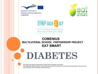 DIABETES
COMENIUS
MULTILATERAL SCHOOL PARTNERSHIP PROJECT
EAT SMART
This project has been funded with the support from European Commision.
This puplication reflects only the viws of the author,and the commision can not be held responsible for any use which
may be made of the information contained there in.
 