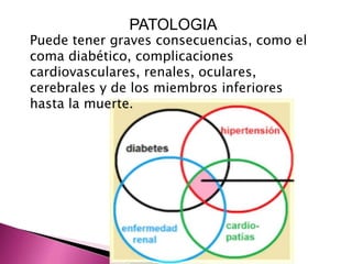 PATOLOGIA 
Puede tener graves consecuencias, como el 
coma diabético, complicaciones 
cardiovasculares, renales, oculares, 
cerebrales y de los miembros inferiores 
hasta la muerte. 
 