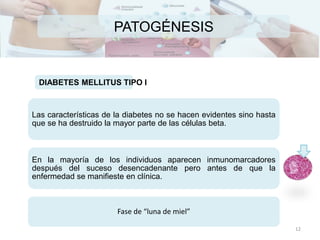 PATOGÉNESIS
Las características de la diabetes no se hacen evidentes sino hasta
que se ha destruido la mayor parte de las células beta.
En la mayoría de los individuos aparecen inmunomarcadores
después del suceso desencadenante pero antes de que la
enfermedad se manifieste en clínica.
Fase de “luna de miel”
DIABETES MELLITUS TIPO I
12
 