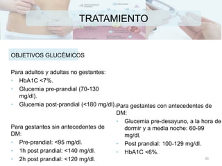TRATAMIENTO
OBJETIVOS GLUCÉMICOS
Para adultos y adultas no gestantes:
• HbA1C <7%.
• Glucemia pre-prandial (70-130
mg/dl).
• Glucemia post-prandial (<180 mg/dl).
Para gestantes sin antecedentes de
DM:
• Pre-prandial: <95 mg/dl.
• 1h post prandial: <140 mg/dl.
• 2h post prandial: <120 mg/dl.
Para gestantes con antecedentes de
DM:
• Glucemia pre-desayuno, a la hora de
dormir y a media noche: 60-99
mg/dl.
• Post prandial: 100-129 mg/dl.
• HbA1C <6%.
33
 