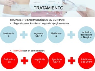 Metformin
a
Agonista
GLP-1
TRATAMIENTO
TRATAMIENTO FARMACOLÓGICO EN DM TIPO II
• Segundo paso: Asociar un segundo hipoglucemiante.
• NUNCA usar en combinación:
Metformin
a
Inhibidor
del cotrans
p. Na-gluc.
Sulfonilure
as
meglitinida
s
Agonistas
GLP-1
Inhibidore
s de DPP4
35
 
