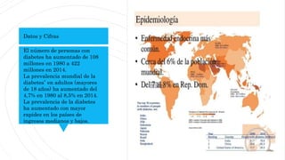 El número de personas con
diabetes ha aumentado de 108
millones en 1980 a 422
millones en 2014.
La prevalencia mundial de la
diabetes* en adultos (mayores
de 18 años) ha aumentado del
4,7% en 1980 al 8,5% en 2014.
La prevalencia de la diabetes
ha aumentado con mayor
rapidez en los países de
ingresos medianos y bajos.
Datos y Cifras
 
