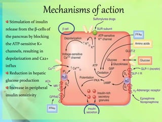 Stimulation of insulin
release from the β-cells of
the pancreas by blocking
the ATP-sensitive K+
channels, resulting in
depolarization and Ca2+
influx
Reduction in hepatic
glucose production
Increase in peripheral
insulin sensitivity
Mechanisms of action
 