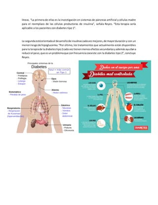 líneas. “La primera de ellas es la investigación en sistemas de páncreas artificial y células madre
para el reemplazo de las células productoras de insulina”, señala Reyes. “Esta terapia sería
aplicable a los pacientes con diabetes tipo 1”.
La segundaestáorientadaal desarrollode insulinascadavezmejores,de mayorduración y con un
menorriesgode hipoglucemia.“Por último, los tratamientos que actualmente están disponibles
para la terapiade la diabetestipo2cada veztienenmenosefectossecundariosyademásayudana
reducirel peso,que esunproblemaque confrecuenciacoexiste con la diabetes tipo 2”, concluye
Reyes.
 