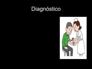 Diagnóstico
• La Organización Mundial de la
Salud (OMS) estableció los
siguientes criterios para establecer
con precisión el diagnóstico:
- Síntomas clásicos de la enfermedad
más una toma sanguínea casual o
al azar con cifras mayores o iguales
de 200mg/dl (11.1 mmol/L)
- Medición de glucosa en plasma en
ayunas mayor o igual a 126mg/dl
(7.0 mmol/L).
- La prueba de tolerancia a la
glucosa oral:
La medición en plasma se hace dos
horas posteriores a la ingesta de
75g de glucosa en 375 ml de agua;
la prueba es positiva con cifras
mayores o iguales a 200 mg/dl (11,1
mmol)
 