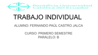 TRABAJO INDIVIDUAL
ALUMNO: FERNANDO PAÚL CASTRO JALCA
CURSO: PRIMERO SEMESTRE
PARALELO: B
 