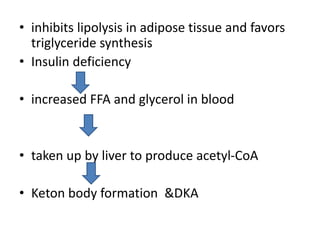 • inhibits lipolysis in adipose tissue and favors
triglyceride synthesis
• Insulin deficiency
• increased FFA and glycerol in blood
• taken up by liver to produce acetyl-CoA
• Keton body formation &DKA
 