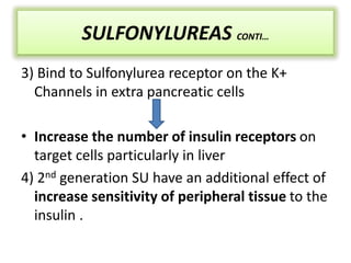 3) Bind to Sulfonylurea receptor on the K+
Channels in extra pancreatic cells
• Increase the number of insulin receptors on
target cells particularly in liver
4) 2nd generation SU have an additional effect of
increase sensitivity of peripheral tissue to the
insulin .
SULFONYLUREAS CONTI…
 