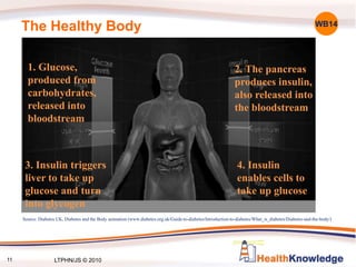 The Healthy Body
3. Insulin triggers
liver to take up
glucose and turn
into glycogen
1. Glucose,
produced from
carbohydrates,
released into
bloodstream
2. The pancreas
produces insulin,
also released into
the bloodstream
4. Insulin
enables cells to
take up glucose
Source: Diabetes UK, Diabetes and the Body animation (www.diabetes.org.uk/Guide-to-diabetes/Introduction-to-diabetes/What_is_diabetes/Diabetes-and-the-body/)
WB14
11 LTPHN/JS © 2010
 