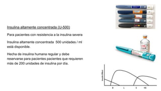 Insulina altamente concentrada (U-500)
Para pacientes con resistencia a la insulina severa
Insulina altamente concentrada 500 unidades / ml
está disponible.
Hecha de insulina humana regular y debe
reservarse para pacientes pacientes que requieren
más de 200 unidades de insulina por día.
 