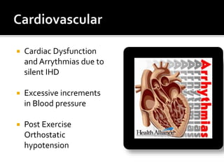  Cardiac Dysfunction
and Arrythmias due to
silent IHD
 Excessive increments
in Blood pressure
 Post Exercise
Orthostatic
hypotension
 