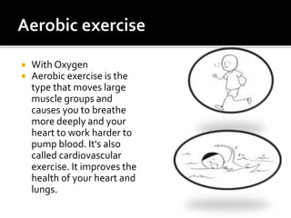  With Oxygen
 Aerobic exercise is the
type that moves large
muscle groups and
causes you to breathe
more deeply and your
heart to work harder to
pump blood. It's also
called cardiovascular
exercise. It improves the
health of your heart and
lungs.
 