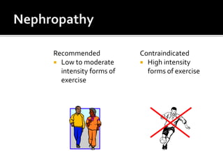 Recommended
 Low to moderate
intensity forms of
exercise
Contraindicated
 High intensity
forms of exercise
 