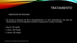 INDICACION DE INSULINA:
• Se iniciara si después de 48 hr (hospitalización o 2 sem ambulatoria). con plan de
alimentación no se ha logrado mantener la glucosa en niveles normales:
• Ayuno 95 mg/dl.
• 1 hora 140 mg/dl.
• 2 horas 120 mg/dl.
De Cherney A. Current Obstetric ang Ginecologyc 9a ed. 2010.
19
TRATAMIENTO
 