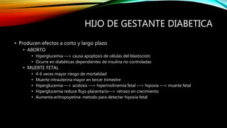 HIJO DE GESTANTE DIABETICA
• Producen efectos a corto y largo plazo
• ABORTO
• Hiperglucemia —> causa apoptosis de células del blastocisto
• Ocurre en diabéticas dependientes de insulina no controladas
• MUERTE FETAL
• 4-6 veces mayor riesgo de mortalidad
• Muerte intrauterina mayor en tercer trimestre
• Hiperglucemia —> acidosis —> hiperinsilinemia fetal —> hipoxia —> muerte fetal
• Hiperglucemia reduce flujo placentario—> retraso en crecimiento
• Aumenta eritropoyetina: metodo para detectar hipoxia fetal
 