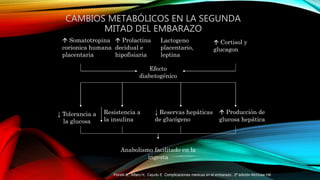 CAMBIOS METABÓLICOS EN LA SEGUNDA
MITAD DEL EMBARAZO
 Somatotropina
corionica humana
placentaria
 Cortisol y
glucagon
Resistencia a
la insulina
↓ Tolerancia a
la glucosa
 Prolactina
decidual e
hipofisiaria
↓ Reservas hepáticas
de glucógeno
 Producción de
glucosa hepática
Efecto
diabetogénico
Anabolismo facilitado en la
ingesta
Lactogeno
placentario,
leptina
Fiorelli S., Alfaro H., Cejudo E Complicaciones médicas en el embarazo.. 2ª edición McGraw Hill
 