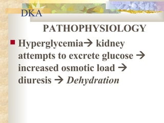 DKA PATHOPHYSIOLOGY Hyperglycemia   kidney attempts to excrete glucose    increased osmotic load    diuresis     Dehydration 