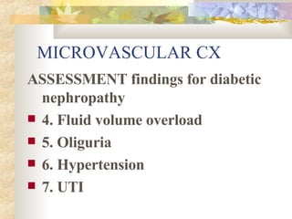 MICROVASCULAR CX ASSESSMENT findings for diabetic nephropathy 4. Fluid volume overload 5. Oliguria 6. Hypertension 7. UTI 