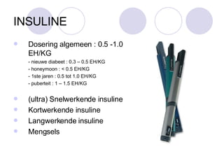 INSULINE Dosering algemeen : 0.5 -1.0 EH/KG - nieuwe diabeet : 0.3 – 0.5 EH/KG - honeymoon : < 0.5 EH/KG - 1ste jaren : 0.5 tot 1.0 EH/KG - puberteit : 1 – 1.5 EH/KG (ultra) Snelwerkende insuline Kortwerkende insuline Langwerkende insuline Mengsels 