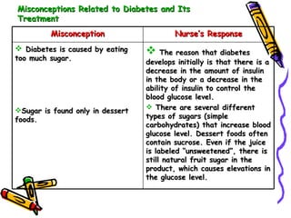 Misconceptions Related to Diabetes and Its Treatment The reason that diabetes develops initially is that there is a decrease in the amount of insulin in the body or a decrease in the ability of insulin to control the blood glucose level. There are several different types of sugars (simple carbohydrates) that increase blood glucose level. Dessert foods often contain sucrose. Even if the juice is labeled “unsweetened”, there is still natural fruit sugar in the product, which causes elevations in the glucose level. Diabetes is caused by eating too much sugar. Sugar is found only in dessert foods. Nurse’s Response Misconception 