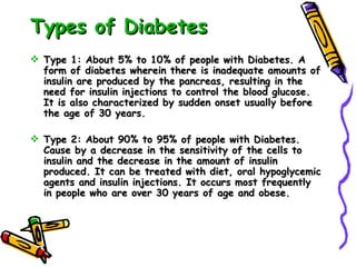 Types of Diabetes Type 1: About 5% to 10% of people with Diabetes. A form of diabetes wherein there is inadequate amounts of insulin are produced by the pancreas, resulting in the need for insulin injections to control the blood glucose. It is also characterized by sudden onset usually before the age of 30 years. Type 2: About 90% to 95% of people with Diabetes. Cause by a decrease in the sensitivity of the cells to insulin and the decrease in the amount of insulin produced. It can be treated with diet, oral hypoglycemic agents and insulin injections. It occurs most frequently in people who are over 30 years of age and obese.  