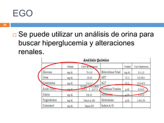EGO
20
 Se puede utilizar un análisis de orina para
buscar hiperglucemia y alteraciones
renales.
 
