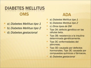 <ul><li>OMS </li></ul><ul><li>ADA </li></ul><ul><li>a)  Diabetes Mellitus tipo 1   </li></ul><ul><li>b)  Diabetes Mellitus...