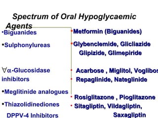 Spectrum of Oral Hypoglycaemic
 Agents
•Biguanides       •Metformin (Biguanides)
•Sulphonylureas          •Glybenclemide, Glicliazide
                            Glipizide, Glimepiride

∀α-Glucosidase           • Acarbose , Miglitol, Voglibos
inhibitors               • Repaglinide, Nateglinide

•Meglitinide analogues
                         • Rosiglitazone , Pioglitazone
•Thiazolidinediones      • Sitagliptin, Vildagliptin,
 DPPV-4 Inhibitors                      Saxagliptin
 