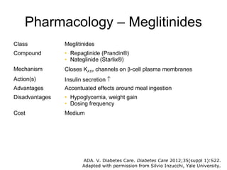 Pharmacology – Meglitinides
Class           Meglitinides
Compound        • Repaglinide (Prandin®)
                • Nateglinide (Starlix®)
Mechanism       Closes KATP channels on β-cell plasma membranes
Action(s)       Insulin secretion ↑
Advantages      Accentuated effects around meal ingestion
Disadvantages   • Hypoglycemia, weight gain
                • Dosing frequency
Cost            Medium




                       ADA. V. Diabetes Care. Diabetes Care 2012;35(suppl 1):S22.
                       Adapted with permission from Silvio Inzucchi, Yale University.
 