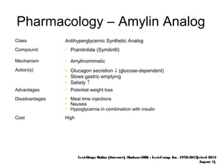 Pharmacology – Amylin Analog
Class           Antihyperglycemic Synthetic Analog
Compound        • Pramlintide (Symilin®)

Mechanism       • Amylinomimetic
Action(s)       • Glucagon secretion ↓ (glucose-dependent)
                • Slows gastric emptying
                • Satiety ↑
Advantages      • Potential weight loss
Disadvantages   • Meal time injections
                • Nausea
                • Hypoglycemia in combination with insulin
Cost            High




                       Lexi-Drugs Online [Internet]. Hudson (OH) : Lexi-Comp, Inc. 1978-2012[cited 2012
                                                                                             August 1].
 