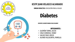 Diabetes
IESTP JUAN VELASCO ALVARADO
UNIDAD DIDACTICA: EDUCACIÓN PARA LA SALUD
DOCENTE: ELIZBETH MARIA AYALA SALINAS
INTEGRANTES:
• GUZMÁN TORRE, ALICIA
• CRUZ CORDOVA, YENNY
• GALVEZ RUIZ, ROCIO
• ALFARO VILLACORTA, PAMELLA
 