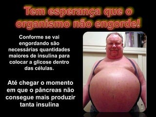 Tem esperança que o organismo não engorde!Conforme se vai engordando são necessárias quantidades maiores de insulina para colocar a glicose dentro das células.Até chegar o momento em que o pâncreas não consegue mais produzir tanta insulina!