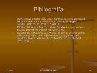 Bibliografía UK Prospective Diabetes Study Group. Tight blood pressure control and risk of macrovascular and microvascular complications in type 2 diabetes   UKPDS 38. BMJ   1998; 317: 703-13. IDF Clinical Guidelines Task Force. Global Guideline for  type 2 diabetes . Brussels: International Diabetes Federation, 2005. Harris SB, Ekoe JM, Zdanowicz Y, Webster-Bogaert S. Glycemic Control and morbidity in the Canadian primary care setting (results of the diabetes in Canada evaluation study). Diab Research and Clin Pract 2005; 70: 90-7. 