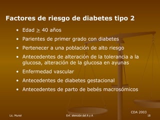 Factores de riesgo de diabetes tipo 2 <ul><li>Edad  >  40 años  </li></ul><ul><li>Parientes de primer grado con diabetes <...