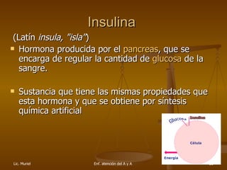 Insulina  <ul><li>  (Latín  insula, &quot;isla&quot; )  </li></ul><ul><li>Hormona producida por el  pancreas , que se enca...