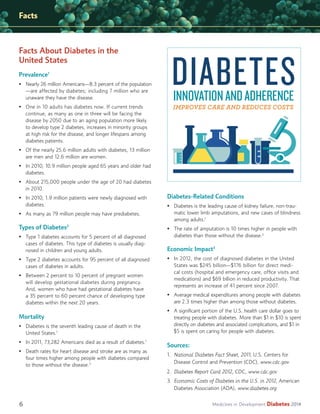 Facts

Facts About Diabetes in the
United States
Prevalence1
• Nearly 26 million Americans—8.3 percent of the population
—are affected by diabetes; including 7 million who are
unaware they have the disease.
• One in 10 adults has diabetes now. If current trends
continue, as many as one in three will be facing the
disease by 2050 due to an aging population more likely
to develop type 2 diabetes, increases in minority groups
at high risk for the disease, and longer lifespans among
diabetes patients.

DIABETES
INNOVATION AND ADHERENCE

IMPROVES CARE AND REDUCES COSTS

• Of the nearly 25.6 million adults with diabetes, 13 million
are men and 12.6 million are women.
• In 2010, 10.9 million people aged 65 years and older had
diabetes.
• About 215,000 people under the age of 20 had diabetes
in 2010.
• In 2010, 1.9 million patients were newly diagnosed with
diabetes.
• As many as 79 million people may have prediabetes.

Types of Diabetes2
• Type 1 diabetes accounts for 5 percent of all diagnosed
cases of diabetes. This type of diabetes is usually diagnosed in children and young adults.
• Type 2 diabetes accounts for 95 percent of all diagnosed
cases of diabetes in adults.
• Between 2 percent to 10 percent of pregnant women
will develop gestational diabetes during pregnancy.
And, women who have had gestational diabetes have
a 35 percent to 60 percent chance of developing type
diabetes within the next 20 years.

Mortality
• Diabetes is the seventh leading cause of death in the
United States.1
• In 2011, 73,282 Americans died as a result of diabetes.1
• Death rates for heart disease and stroke are as many as
four times higher among people with diabetes compared
to those without the disease.3

Diabetes-Related Conditions
• Diabetes is the leading cause of kidney failure, non-traumatic lower limb amputations, and new cases of blindness
among adults.1
• The rate of amputation is 10 times higher in people with
diabetes than those without the disease.2

Economic Impact3
• In 2012, the cost of diagnosed diabetes in the United
States was $245 billion—$176 billion for direct medical costs (hospital and emergency care, ofﬁce visits and
medications) and $69 billion in reduced productivity. That
represents an increase of 41 percent since 2007.
• Average medical expenditures among people with diabetes
are 2.3 times higher than among those without diabetes.
• A signiﬁcant portion of the U.S. health care dollar goes to
treating people with diabetes. More than $1 in $10 is spent
directly on diabetes and associated complications, and $1 in
$5 is spent on caring for people with diabetes.

Sources:
1. National Diabetes Fact Sheet, 2011, U.S. Centers for
Disease Control and Prevention (CDC), www.cdc.gov
2. Diabetes Report Card 2012, CDC, www.cdc.gov
3. Economic Costs of Diabetes in the U.S. in 2012, American
Diabetes Association (ADA), www.diabetes.org

6

Medicines in Development

Diabetes 2014

 