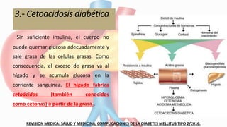 3.- Cetoacidosis diabética
Sin suficiente insulina, el cuerpo no
puede quemar glucosa adecuadamente y
sale grasa de las células grasas. Como
consecuencia, el exceso de grasa va al
hígado y se acumula glucosa en la
corriente sanguínea. El hígado fabrica
cetoácidos (también conocidos
como cetonas) a partir de la grasa..
REVISION MEDICA: SALUD Y MEDICINA, COMPLICACIONES DE LA DIABETES MELLITUS TIPO 2/2016.
 