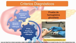 Criterios Diagnósticos
PTOG,
Prueba en
sangre Capilar
>200mg/dl
Glicemia
Aleatoria
>200mg/dl
Glicemia en
ayunas
>126mg/dl
Prueba de
hemoglobina
glicosilada
GUIA DE PRACTICA CLÍNICA NACIONAL SOBRE PREVENCIÓN, DIAGNOSTICO Y TRATAMIENTO DE DIABETES MELLITUS TIPO 2/ARGENTINA 2016.
http://www.centroantidiabetico.com
 