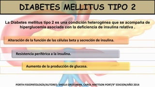 La Diabetes mellitus tipo 2 es una condición heterogénea que se acompaña de
hiperglucemia asociada con la deficiencia de insulina relativa .
Alteración de la función de las células beta y secreción de insulina.
Resistencia periférica a la insulina.
Aumento de la producción de glucosa.
PORTH FISIOPATOLOGÍA/AUTORES: SHEILA GROSSMAN, CAROL MATTSON PORT/9° EDICION/AÑO 2014
DIABETES MELLITUS TIPO 2
 